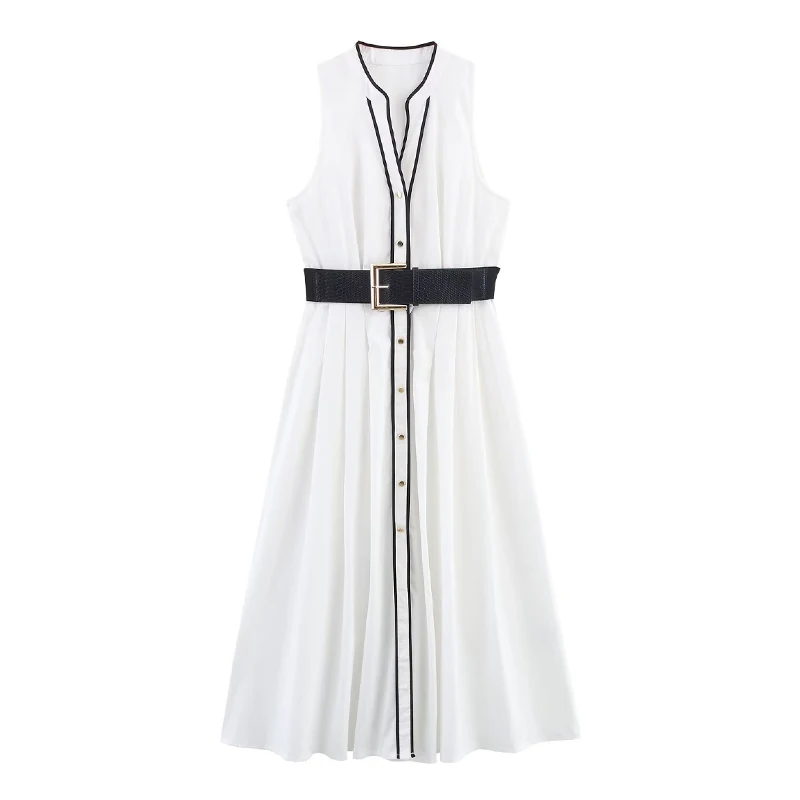 Vestido Midi F de Verão Novo Estilo com Decoração de Borda em Bloco de Cores, Saia em Camadas de Seda com Cintura Alta...