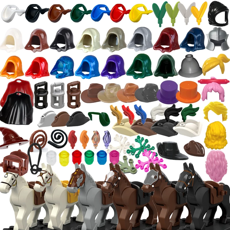Moc blocos de construção conjunto tijolos cowboy pirata triângulo chapéu pena cocar com capuz manto cavaleiro warhorses crianças partícula brinquedos diy