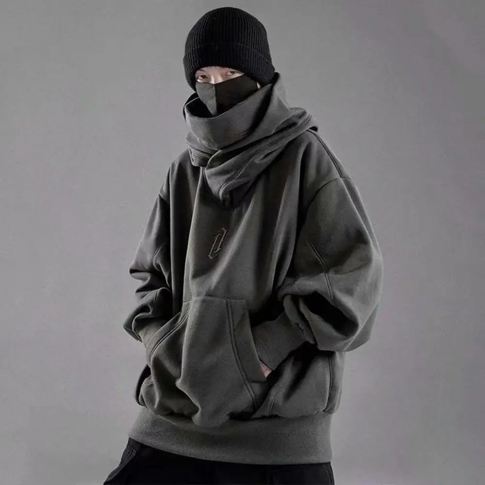 Men Japanese Ninja Hoodies Letter Embroidery Turtleneck Sweatshirt Autumn Hip Hop Fleece Pocket Oversized Hoody Men Clothing