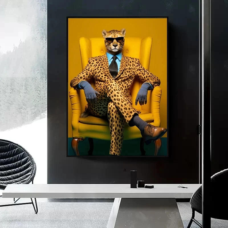 Funny Elegant Animals Cool Cheetah Gorilla Zebra with Suit Pop Wall Art Poster Print Canvas Painting for Living Room Home Decor