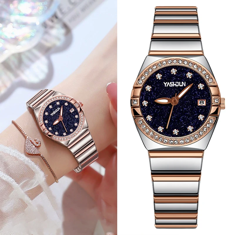 yashidun relógios femininos de luxo marca diamante relógio luminoso à prova dwaterproof água aço inoxidável quartzo mulher relógio elegante rosa ouro