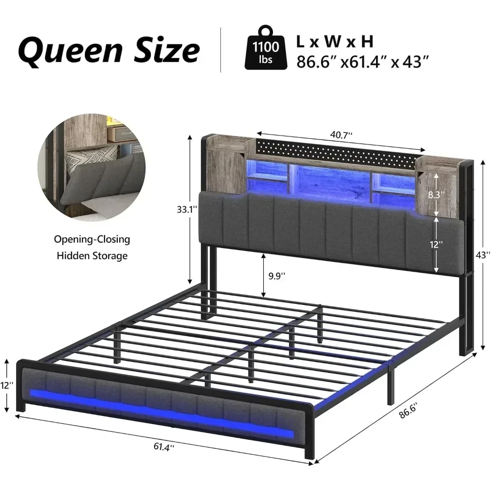 

King Bed Frame, with 3-Tier Headboard & 2 Hidden Storage LED Lights, Platform Metal Bed Frame with Storage, Bed Frame