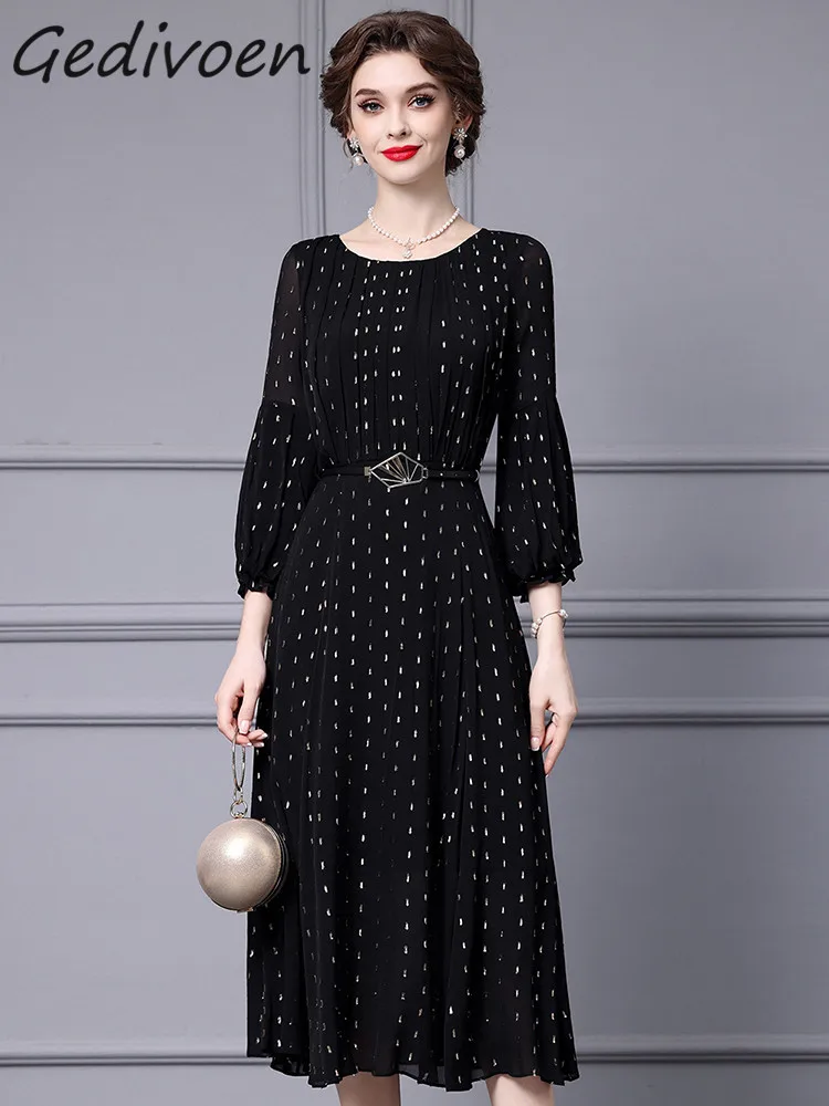 Gedivoen Autumn Fashion Designer Black Vintage Party Dress Women's O Neck Sequins Sashes Gathered Waist Slim Pleated Long Dress