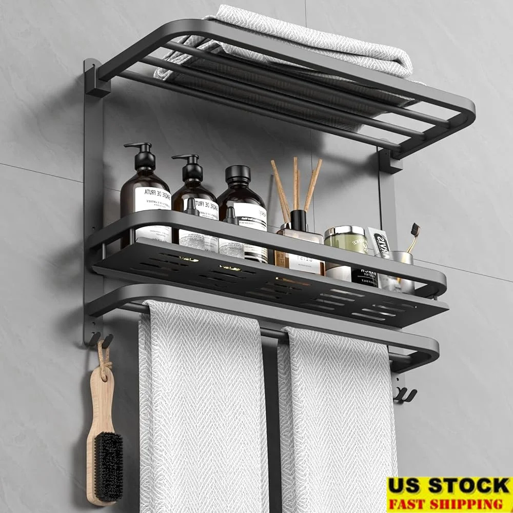 

Wall Mount Towel Rack Stainless Steel Towel Hanger No Drill Bathroom Storage Shelf Collapsible Towel Bar Efficient Drying