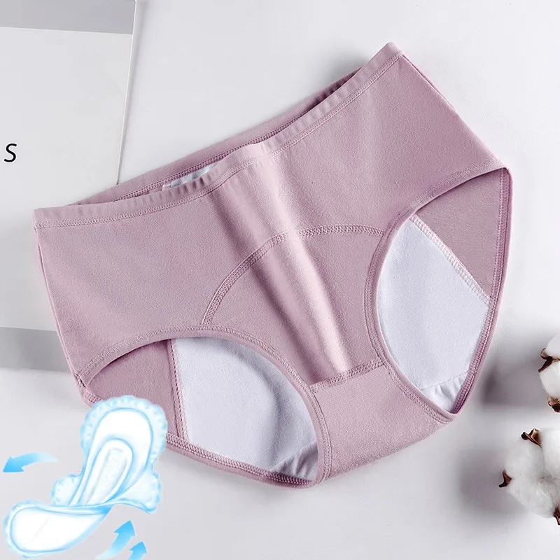 Women Cotton Menstrual Panties Plus SizeHigh Waist Underwear Leakproof Breathable PureColor Soft Monthly Mid Physiological Pants