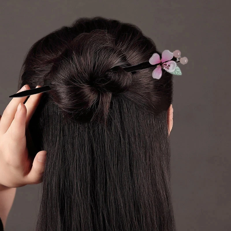 Floral Hair Pins Handmade Wooden Twist Bun Pin Chopsticks Flower Hair Clips Chinese Hair Stick Hanfu Headdress Hair Accessories