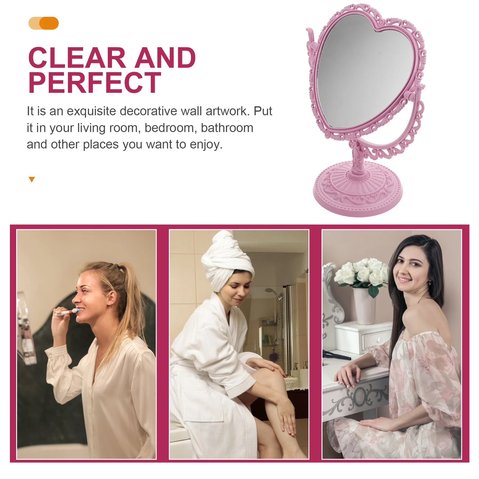 Heart Shaped Vintage Desktop Makeup Mirror Double-Side Rotatable Table Mirror for Girl Dressing Table Decor Dresser Decoration