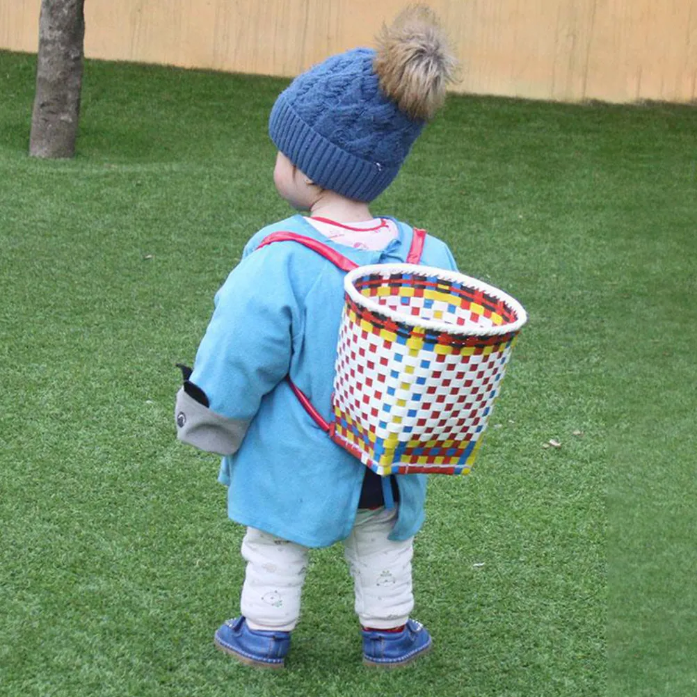 children-stage-performance-prop-hand-woven-carrier-storage-basket-decorative-small-plastic-woven-knapsack-colorful-little-pack