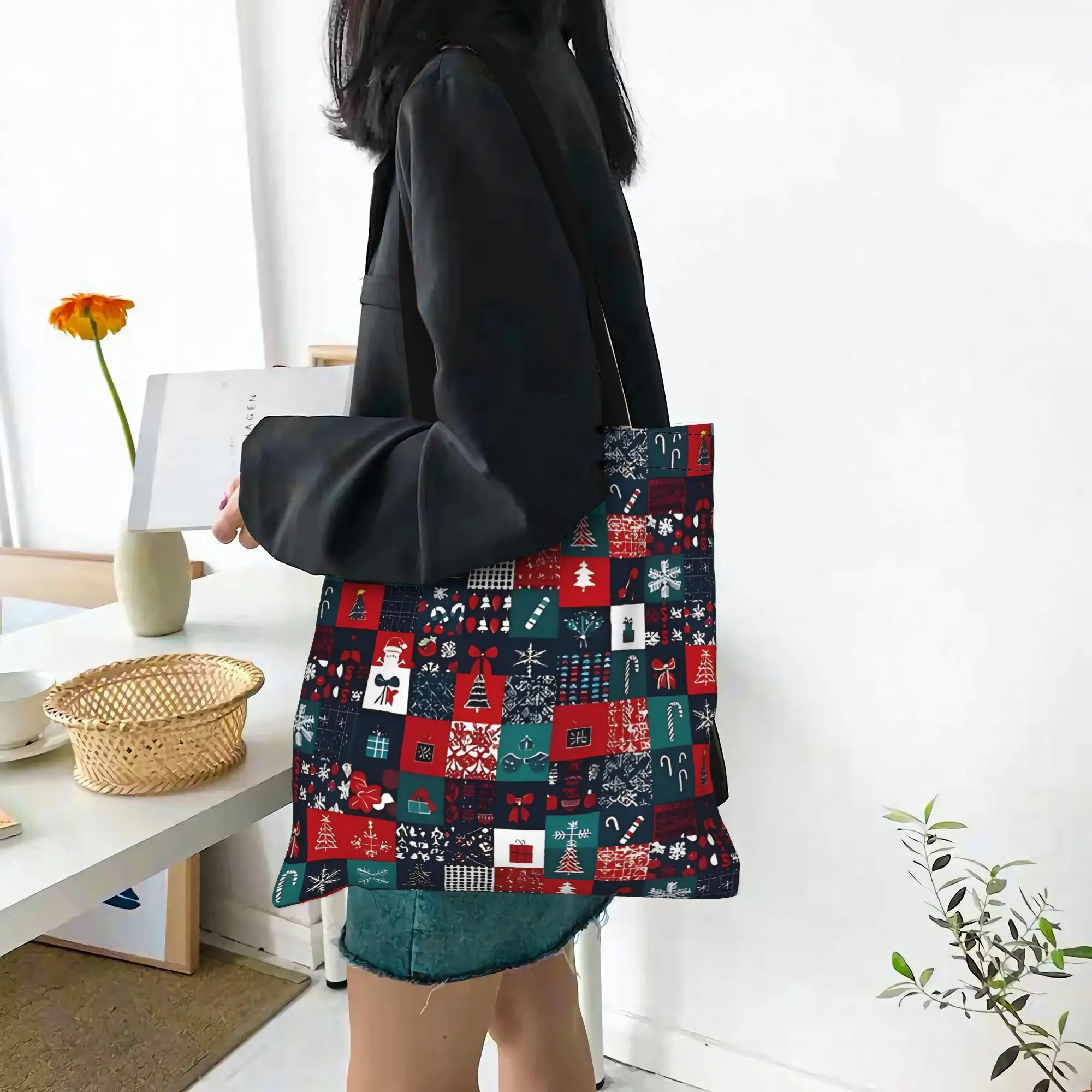 Fashion Women's Bag Festive Christmas Patchwork Shopping Bag  Canvas Tote Bag Women'S Shoulder Handbag Christmas Gift