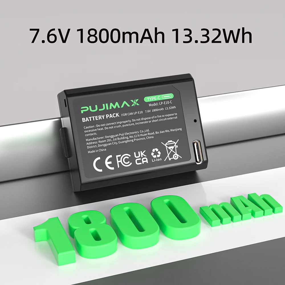 PUJIMAX New LP-E10 LPE10 LP E10 Battery With USB-C Charging Port for Canon EOS 1100D 1200D 4000D Kiss X50 X70 Rebel T3 T5 T6