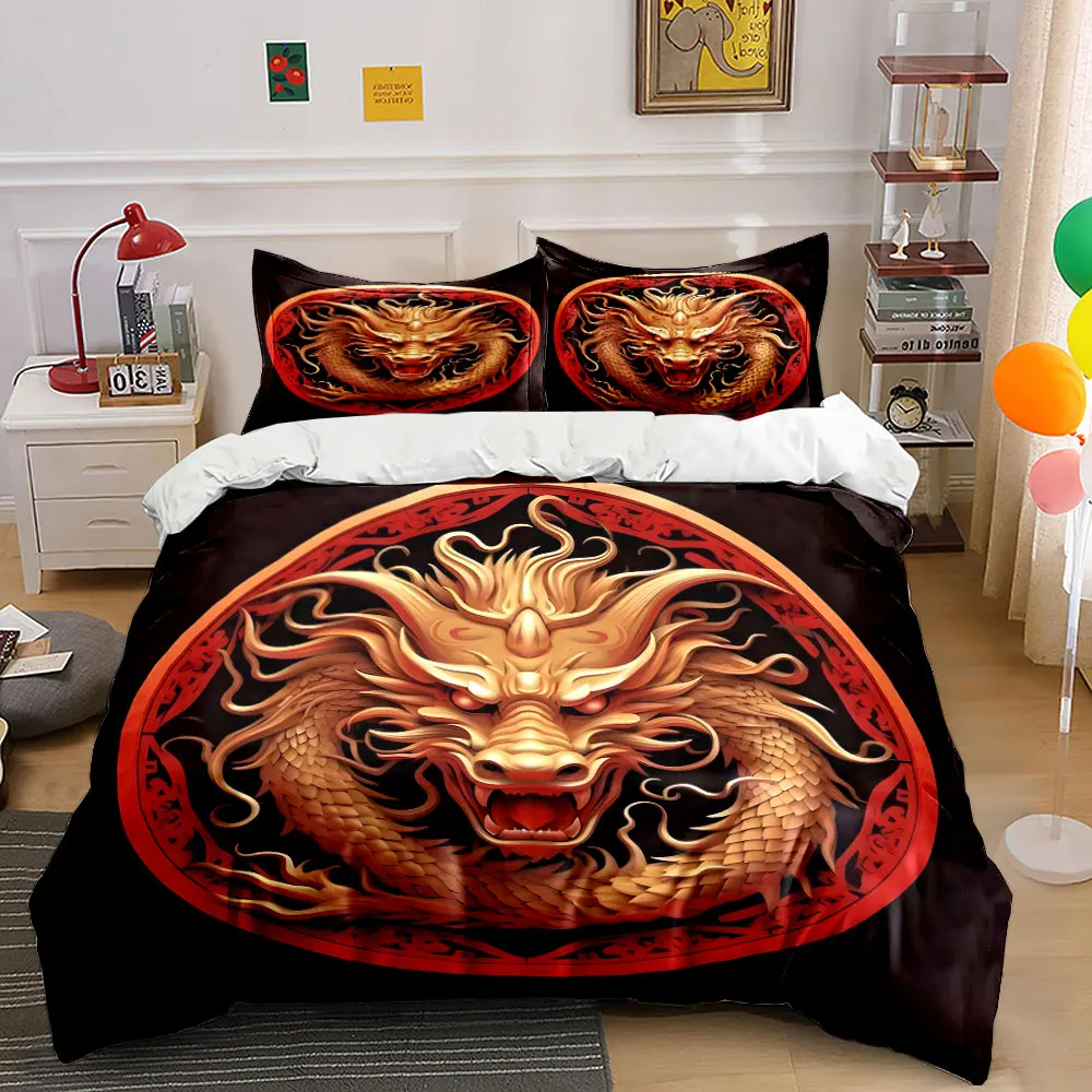 

Golden Dragon Emblem Decorative Set Exquisite three-piece bedding set gift for kids and adults