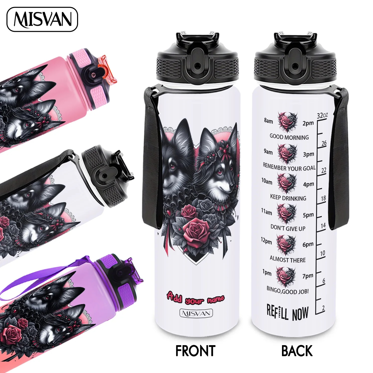 

1PC, Gothic Double Wolf Heart Rose Pattern ,32oz Gradient Water Bottle-Leak-Proof,HD Non-Peeling Pattern,Perfect for Sports,Fitn