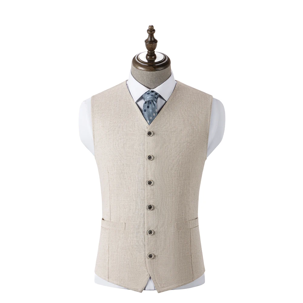 

Льняной бежевый мужской жилет на пуговицах, модная свободная летняя однотонная куртка в стиле ретро, повседневная без рукавовветовый жилет