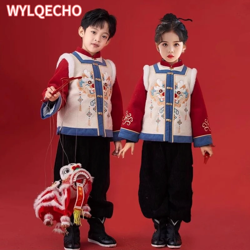 

2024 Chinese New Year Boys Lucky Tang Suit For The Year of The Dragon Embroidery 3 Pieces Hanfu Clothings Tradtional Costume