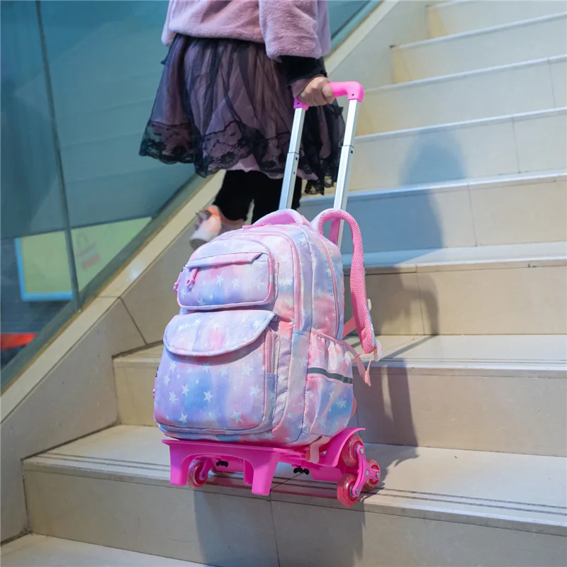 New Style Pull Rod Backpack for Girls Large Capacity Primary School Backpack Anti Splashing Stair Climbing Pull Rod Backpack