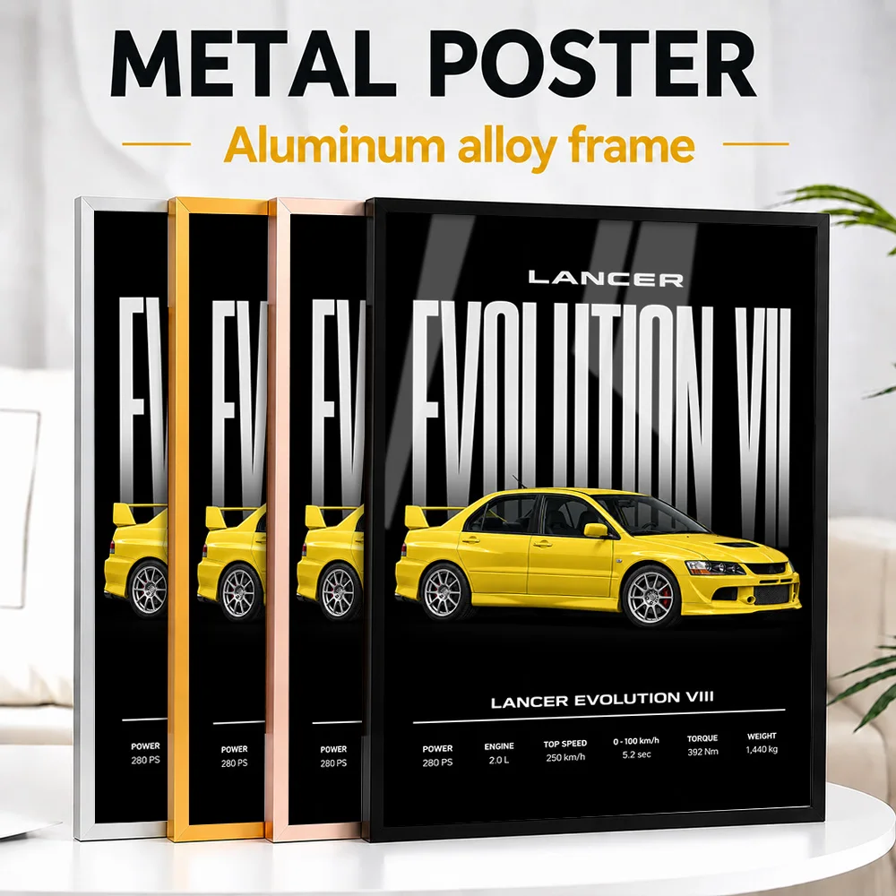 Japanese Lancer Evolution VIII Lightning Yellow Sports Car Framed Metal Print Customized Speed Culture Wall Art For Workshop