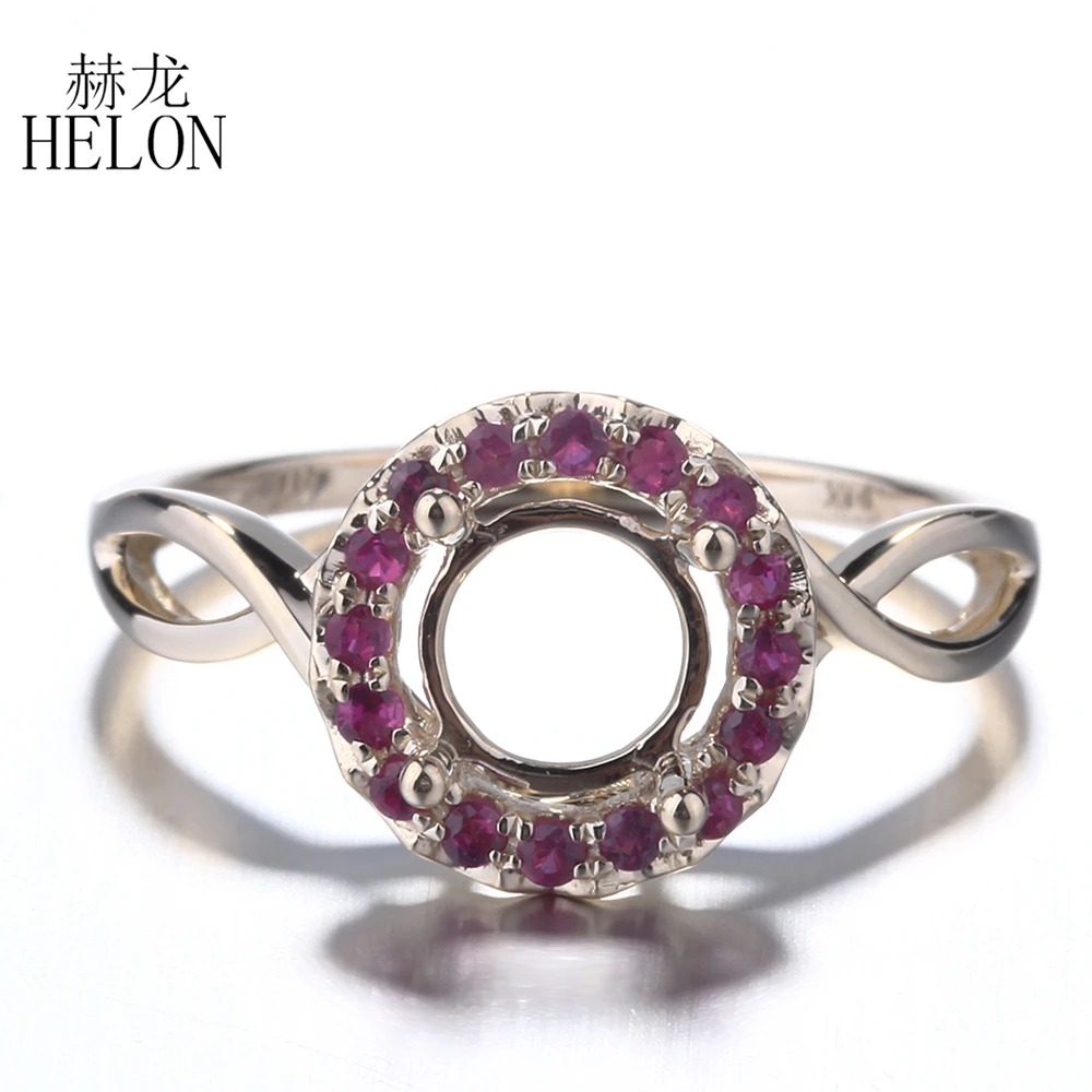 HELON 6.5mm - 7mm Round Solid 14K Yellow Gold Genuine Rubies Semi Mount Engagement Ring For Wedding Bride Anniversary Gifts