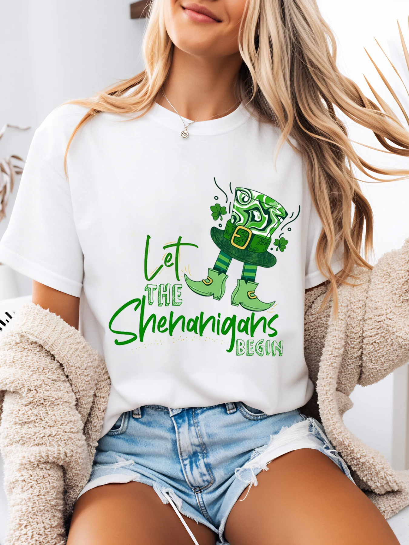 Let the Shenanigans Begin Leprechaun Print St. Patrick's Day T-Shirt Women Casual Party Wear White Plus-Size