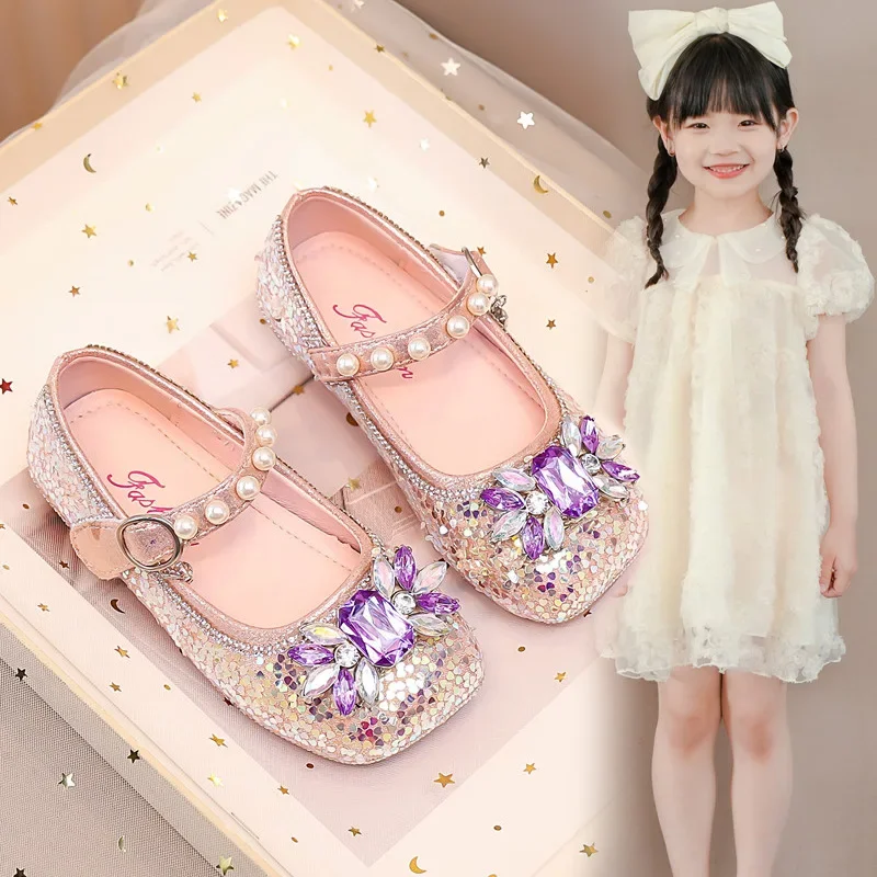 

Girls Dance Dress Shoes Shiny Crystal Kids Princess Flats Elegant Sweet 2025 Autumn New Children Leather Shoes for Party Wedding