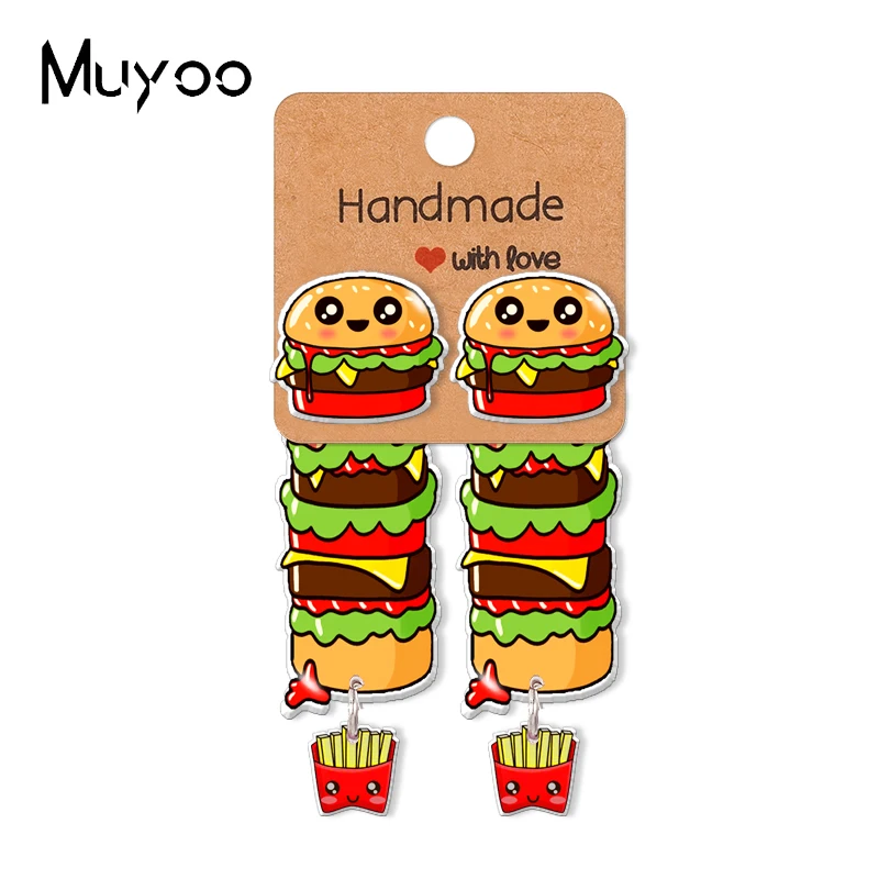 2021 New Fashion Cartoon Hamburg and French Fries Cartoon Epoxys Acrylic Earrings Handcraft Stud Earrings