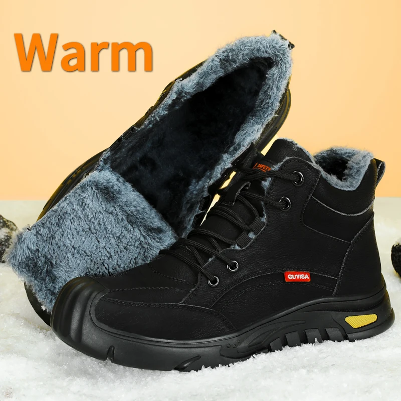 GUYISA Man\'s Winter Safety Shoes For Work Waterproof Keep Warm Anti slip Comfortable Black Size 37-45