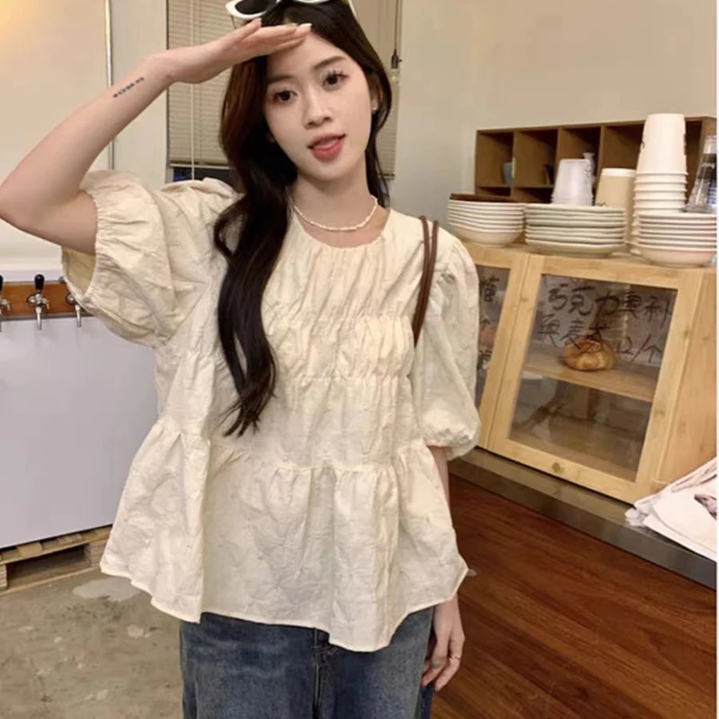 Folds Shirts and Blouses Korea O-neck Fashion Woman Blouse 2024 Puff Short Sleeve Ruffles Ladies Top Female Solid Clothes New