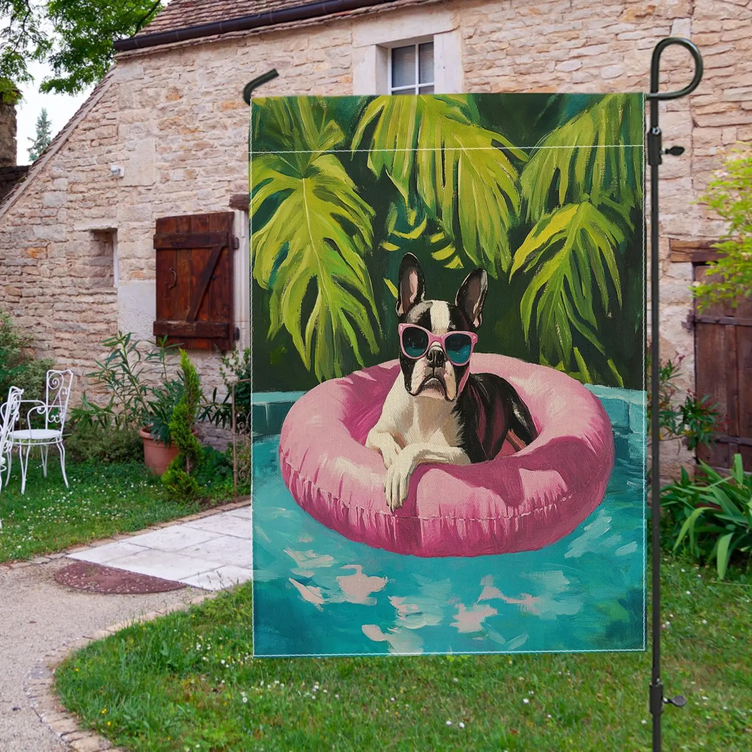 Funny Boston Terrier Dog Garden Flags 12x18 Inch Double Sided for Outside, Summer Oil Painting Chien Standard Vertical Canva uui