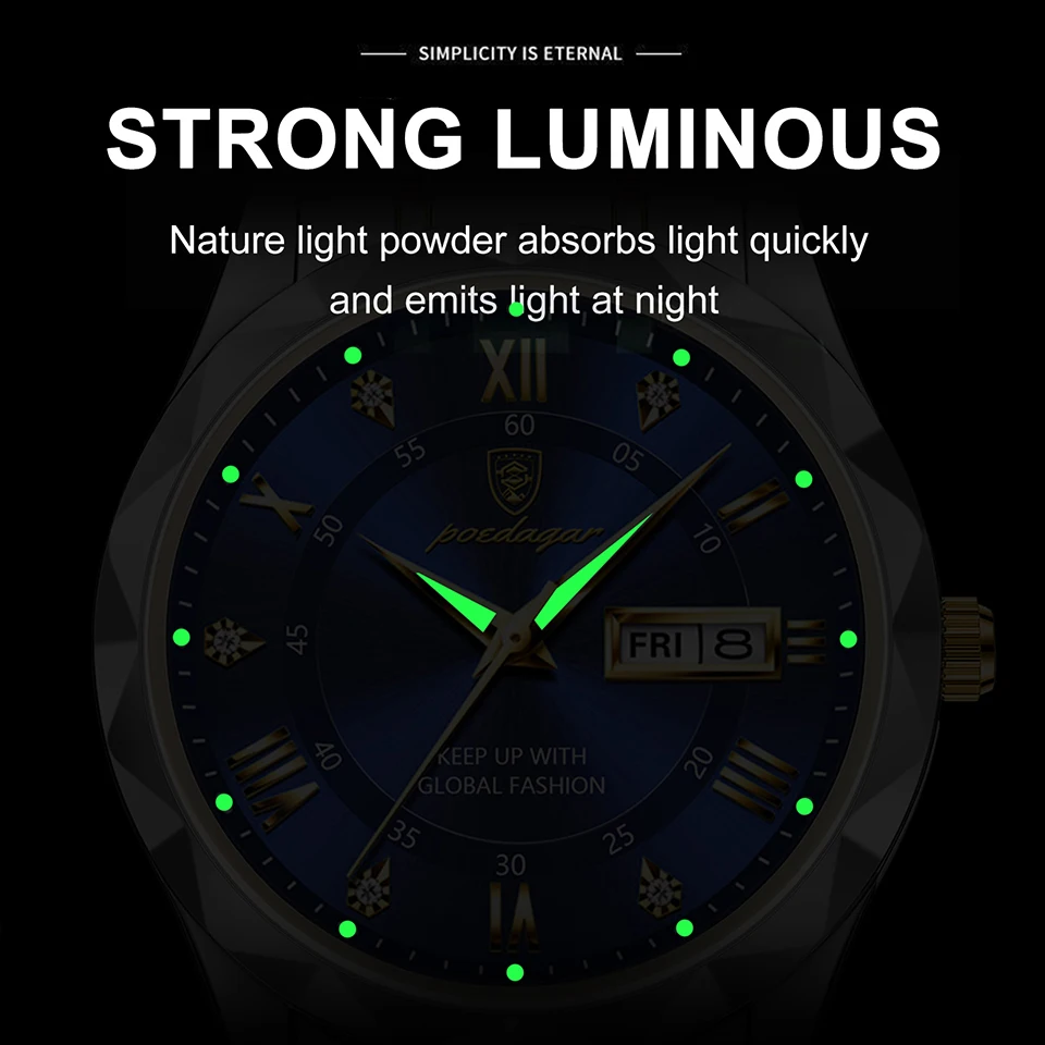 POEDAGAR Top Brand Luxury Man Wristwatch Waterproof Luminous Date Week Men Watches Stainless Steel Quartz Men\'s Watch Male reloj