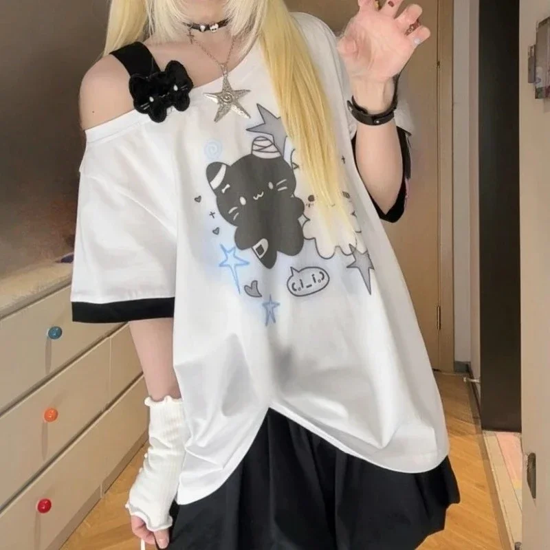 

Kawaii милый принт женская японская футболка с героями мультфильмов летняя свободная футболка с косым воротником в стиле гранж Y2k эстетические футболки с косым воротником феи