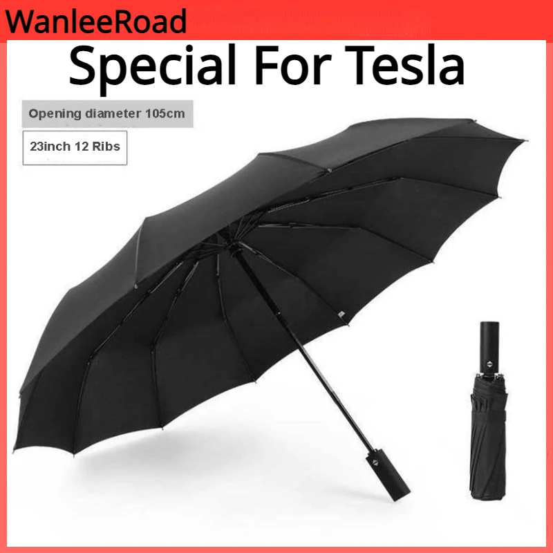 Umbrella for Tesla Model 3 Y Windproof Automatic Sun Beach Three-fold for Model X Model S Large Size 23inch 12ribs  Accessories