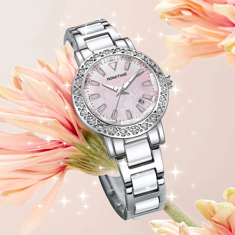 ROMITIME Luxury Women Quartz Watch Mother-of-Pearl Dial Calendar Diamond-set Bezel Leisure Luminous 30M Waterproof Lady Watches