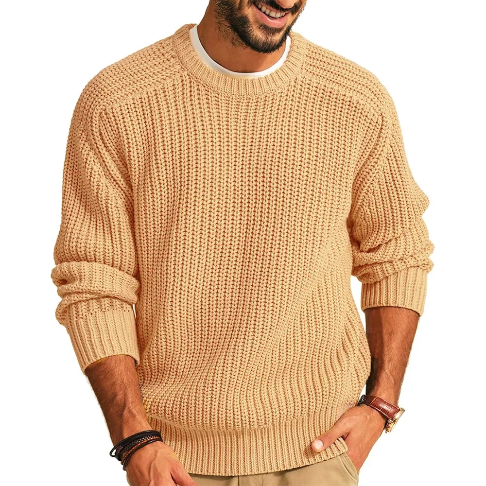 

2025 Autumn Winter Men's New Solid Color Long-sleeved Crew-neck Knitted Sweater Male Fashion Casual Loose Vintage Knit Pullover