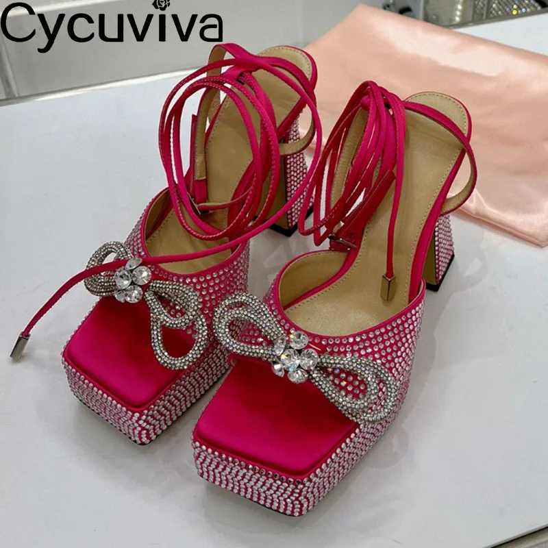 

Summer Shinny Chunky High Heel Sandals Women Bow knot Crystal Shoes Party Designer Bridal Formal Heels Platform Sandals Women