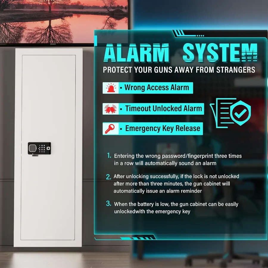 Biometrischer Wandpistolen-Safe für Gewehre 53, weißer Fingerabdruck-Pistolen-Safe mit 3 abnehmbaren Regalen, verbesserter biometrischer Tastatur-Schlüsselzugriff f