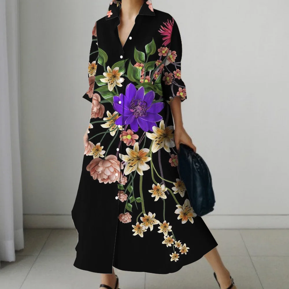 Casual Super Loose Comfortable Fall Long Sleeve Shirt Dress 2024 Sunflower Print Skirt Comfortable Lapel Knee-length Skirt