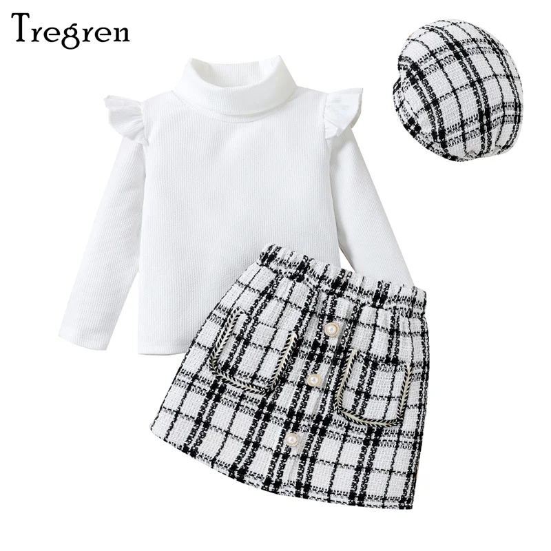 

Tregren 4-7Y Kids Girls Fall 3Pcs Outfit Ruffled Long Sleeve High Neck Tops Plaid Skirt Beret 3pcs Children's Clothes Sets