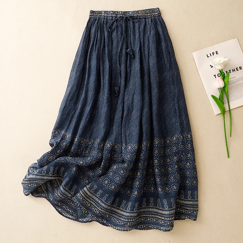 

Двухслойная юбка трапециевидной формы с высокой талией, женская свободная повседневная юбка в этническом стиле, однотонная юбка с принтом, летнее новое поступление, смесь хлопка