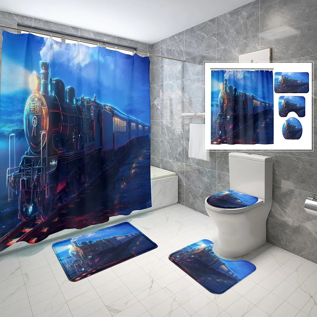 4 Pcs Steam Train Shower Curtain Sets Classic Locomotive Railway Non-slip Bath Mat Toilet Lid Waterproof Shower Curtain Set