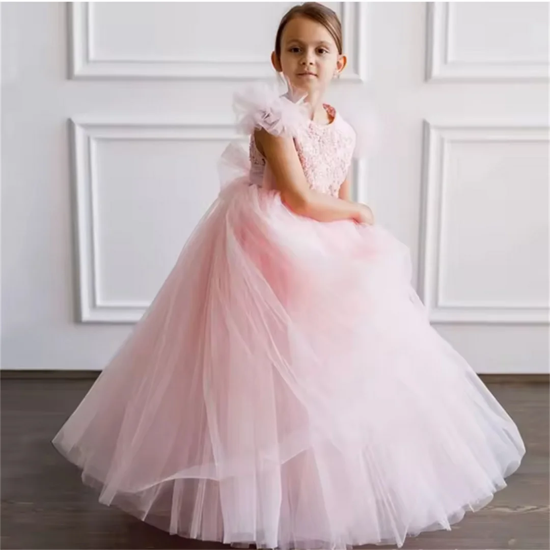 Robes de demoiselle d'honneur personnalisées, appliques florales en tulle rose avec nœud, manches courtes pour mariage, fête d'anniversaire, princesse de banquet