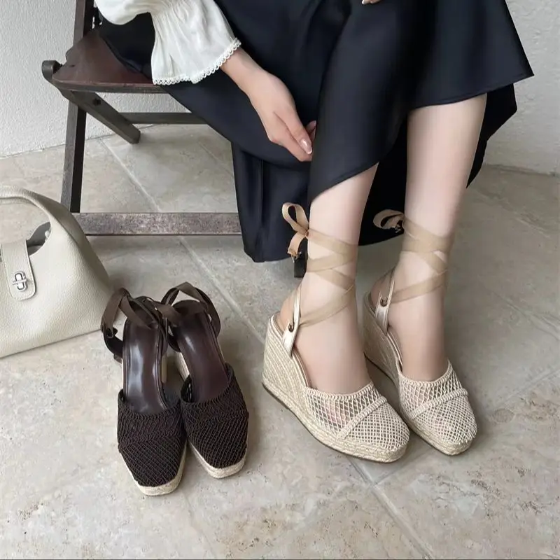 Ladies Summer Sandals Brown Wedges Heels For Woman Closed Shoes Cross Strappy Platform Sandals Chunky Heeled Beige Shoes - view 2