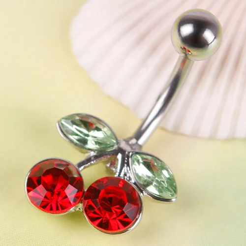 Pretty Rhinestone Red Cherry Navel Belly Button Barbell Ring Body Piercing