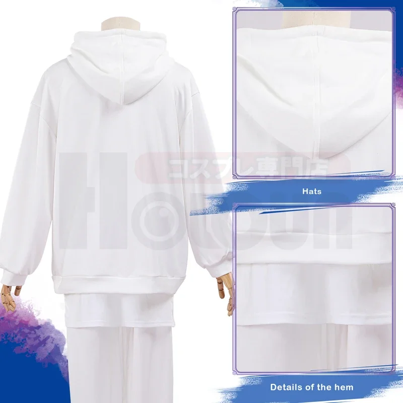 Fancyun-ナギのコスプレ衣装,青いロック,合成繊維,かつらのフード付きスウェットシャツ,白いパンツ,裾のオーバーレイ,ピンクネット