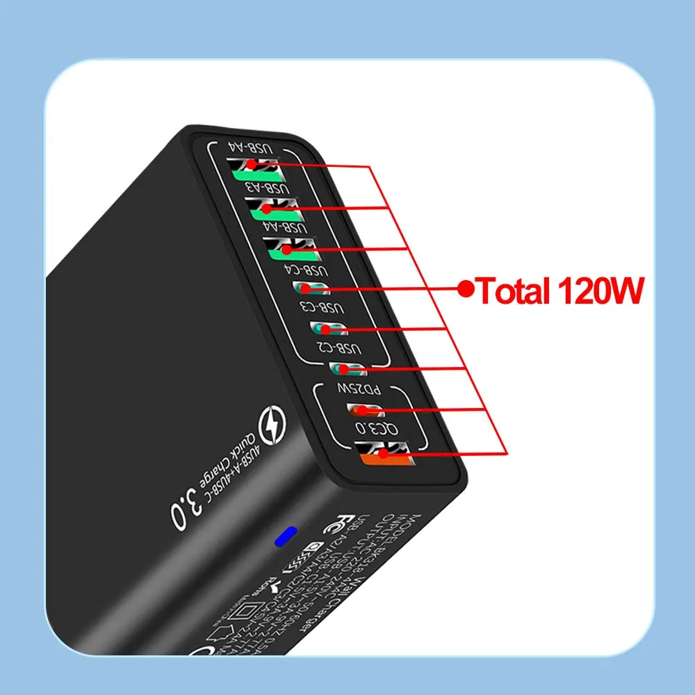 USB Type C Charger Total 65W 8 Ports Fast Charging UK/KR Plug Wall Charger For iPhone Samsung Xiaomi Multi Port PD Phone Charger