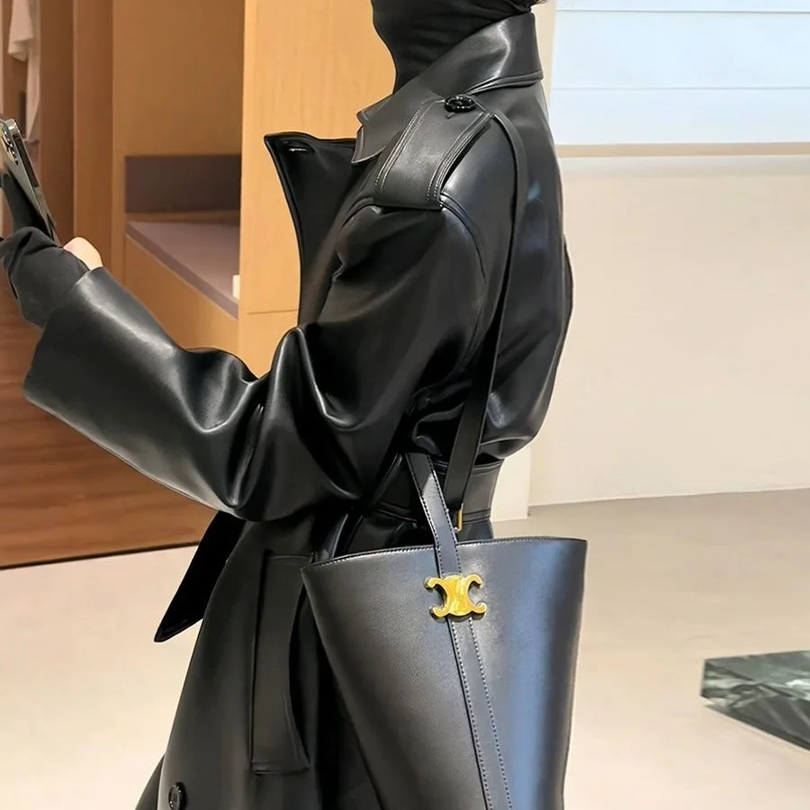 High-end Leather Jacket Women's 2025 Autumn Fashionable Temperament Lapel Lace-up Waist Mid-length Leather Jacket Coat