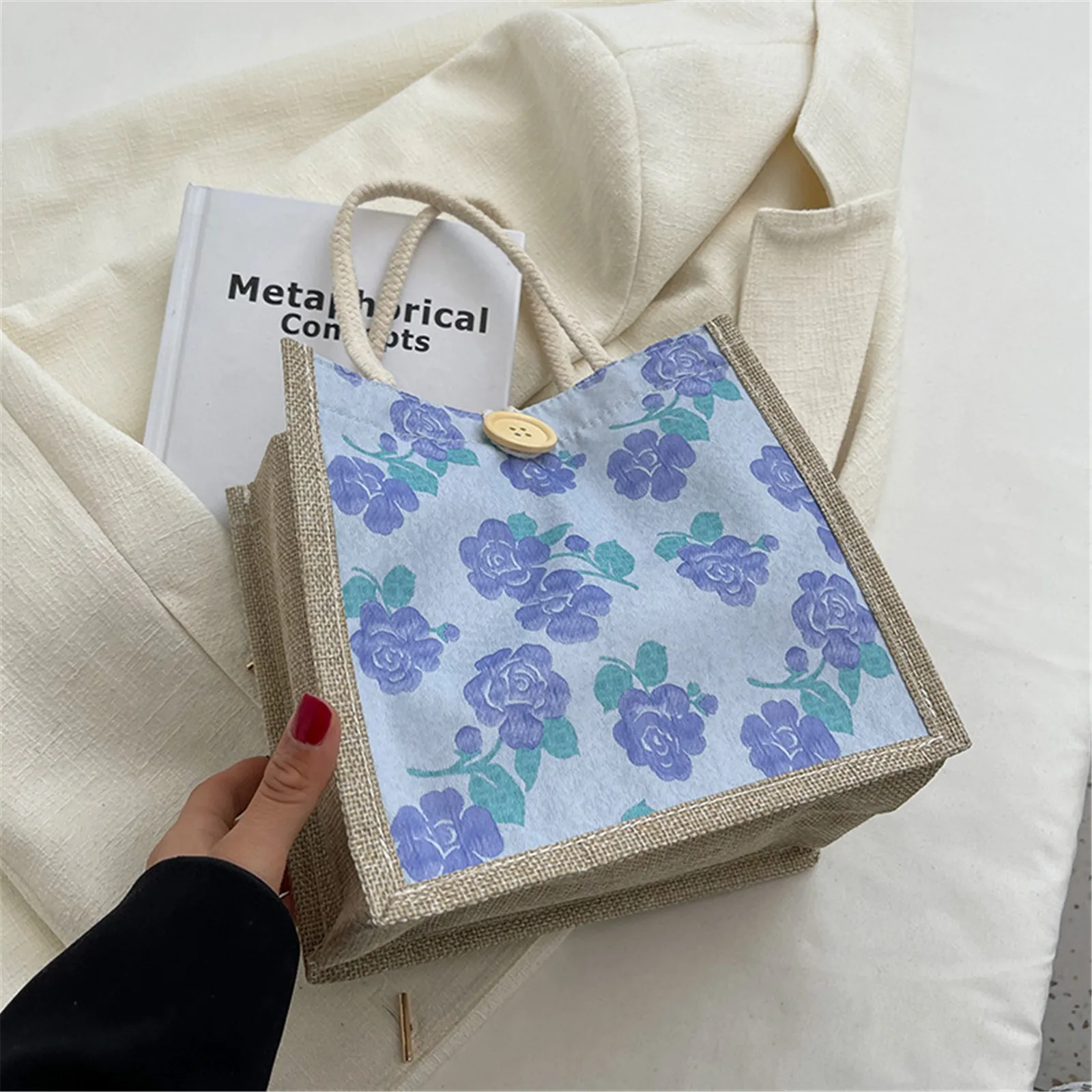 Linen Tote Bag Storage Bag Lunch Pouch Tote Bag Handbag Bento Bag Button Clasp Cute Flower Printing Picnic Food Bento Bag image 5