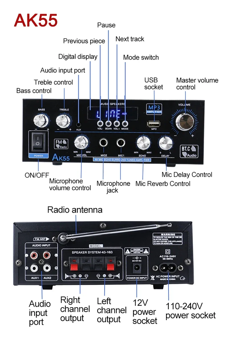 Home Digital Amplifiers Audio Bass Audio Power bluetooth Amplifier Hifi FM Auto Music Subwoofer Speakers USB SD Mic Input AK55