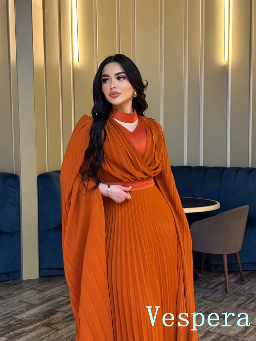 Aangepaste romantische chiffon avondjurk prachtige v-hals lange mouwen celebrity jassen mode sweep trein vestido de festa