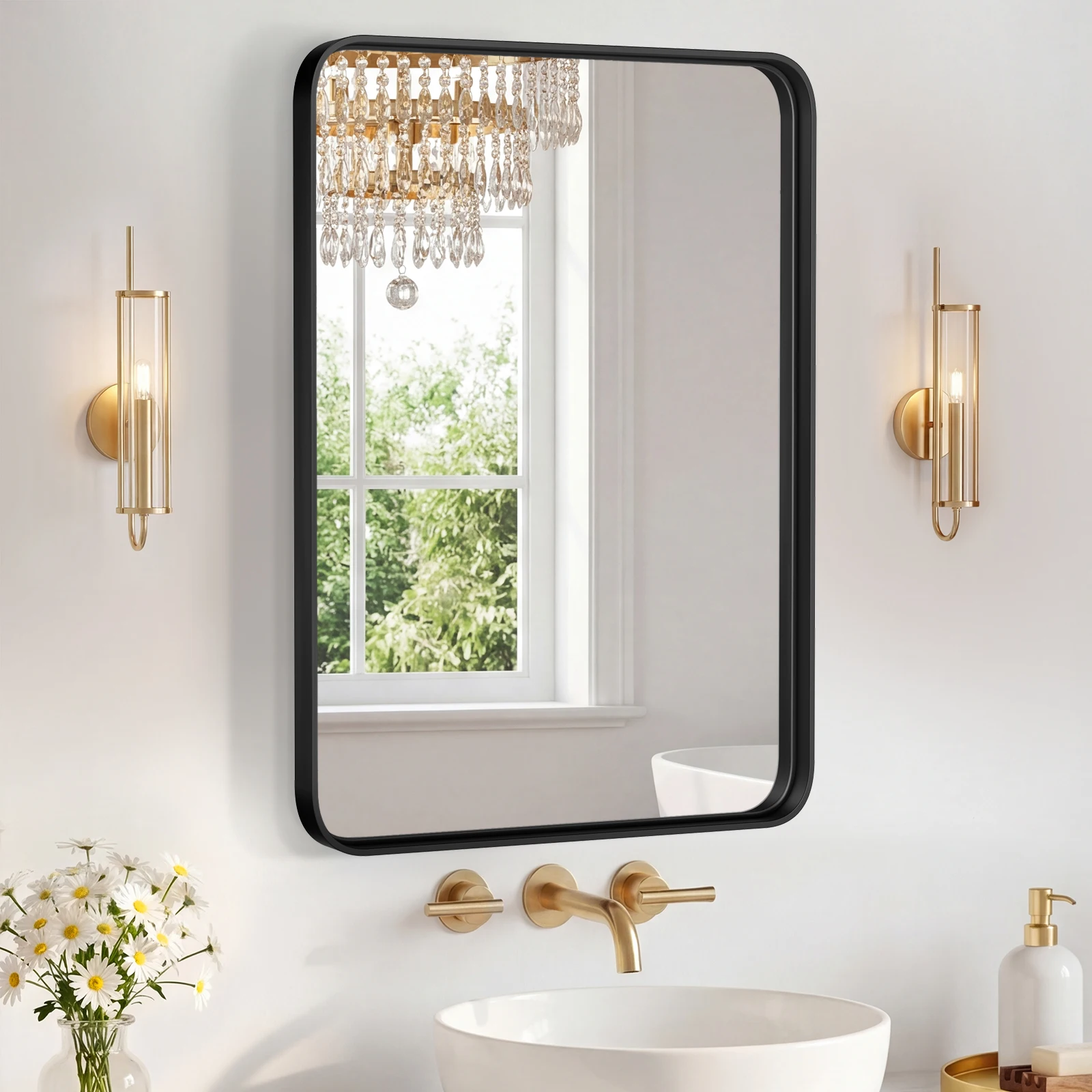

Bathroom Mirror 19.69X27.95 Inch Black Metal Frame Rectangle Vanity Mirror with Rounded Corners, Modern Wall Mounted Anti-Rust Mirror for Farmhouse, Restroom, Entryway, Horizontal or Vertical Hanging