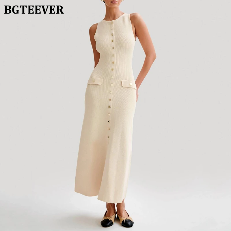 BGTEEVER elegante vestido de punto de un solo pecho con cuello redondo para mujer Primavera Verano vestido ajustado sin mangas para mujer