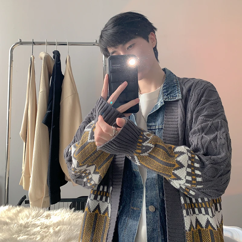 

Loose Knitted Denim Patchwork Open Cardigan Sweater Fake Two-Piece Design Autumn Winter Men's Casual Faion Youth Sle